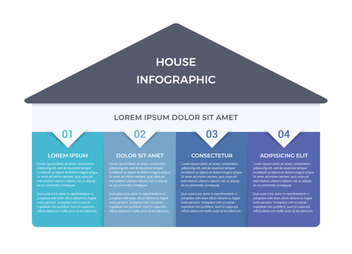 Four option house infographic template with a roof header and three vertical columns. 4 options business presentation chart or diagram. Vector illustration