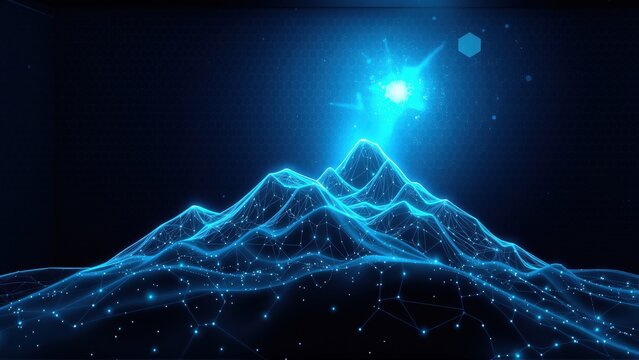Bright blue wireframe mountains rise from dark background. Glowing peak radiates light, connected by network dots. Futuristic design.