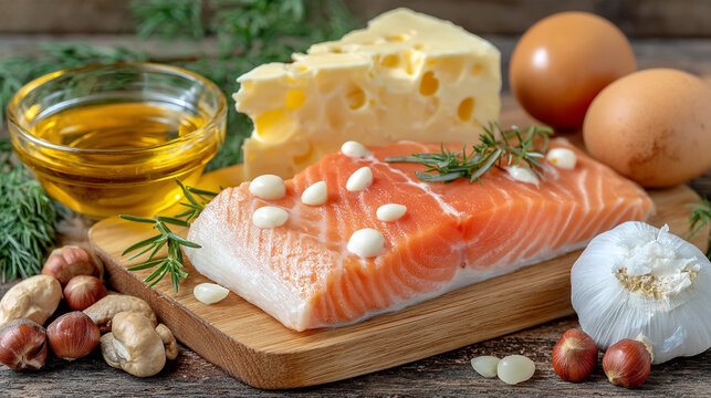 Raw salmon fillet with fresh garlic cloves and nuts on a wooden board raw food meal prepara