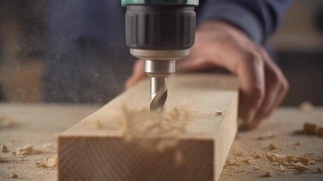 Drilling a hole in a wooden plank using a power drill in a workshop