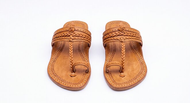 Pair of braided leather Kolhapuri sandals on white