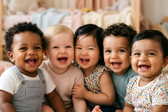 Close-up portrait of five adorable diverse multi-ethnic babies laughing joyfully together while sitting closely in a warm cozy nursery.