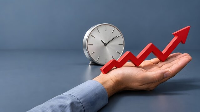 Hand holding a rising red stock chart arrow with a clock in the background representing long term investment growth and financial timing