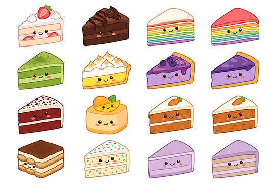 Kawaii cake slices collection with cute faces on white background