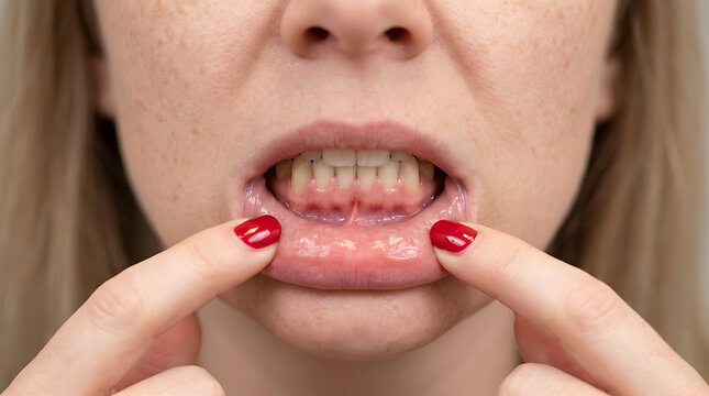 Woman pulling lower lip showing teeth and gums in close up studio shot