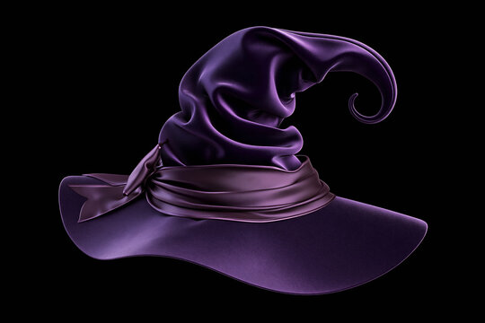 Purple leather witch hat with curled tip and wide brim