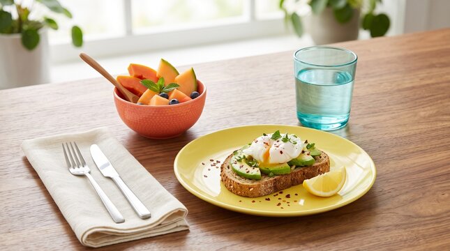 Healthy Breakfast with Avocado Toast Poached Egg Fruit Water on Wooden Table
