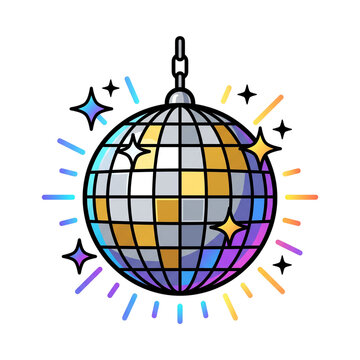 Shiny mirror disco ball with colorful sparkling light rays and star sparkles vector illustration isolated on transparent background
