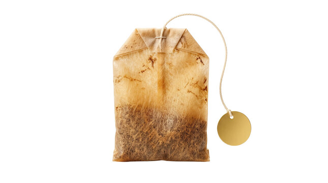 Used tea bag with string and blank label isolated on transparent background