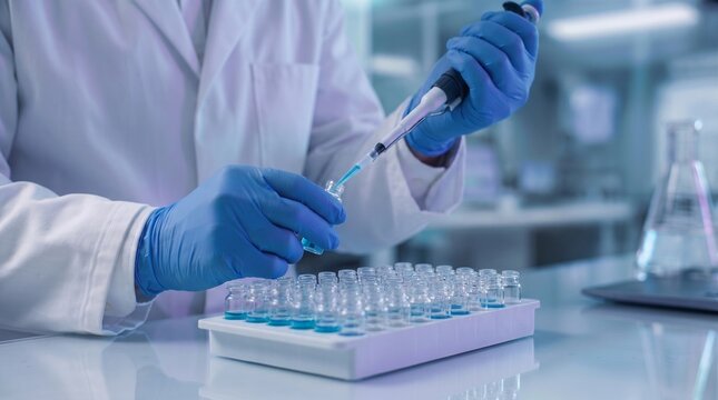precision liquid handling in pharmaceutical laboratory. scientist dispensing chemical reagent with micropipette into sample vials. biomedical research and assay testing.

