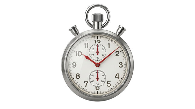 Silver stopwatch with red hands isolated on transparent background