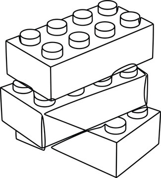 Continuous line drawing of stacked plastic toy bricks representing constructive growth engineering and childhood creativity concepts