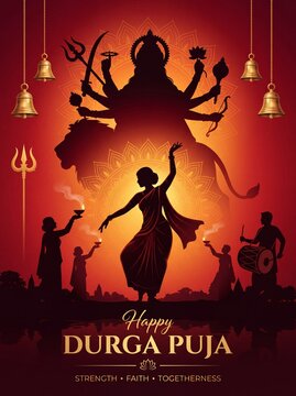 Dramatic Durga Puja Festival Silhouette with Goddess Durga, Devotees and Traditional Celebration