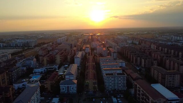Sunset Cityscape of Bucharest Romania From Drone