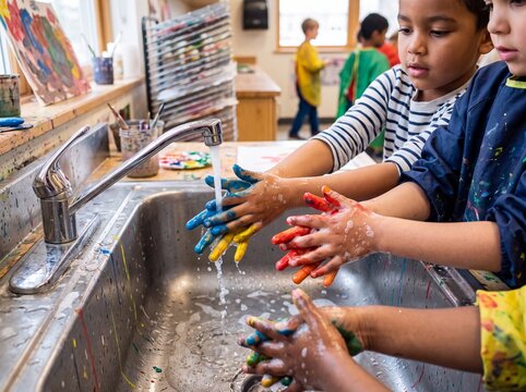Children cleaning colorful painted hands after art class