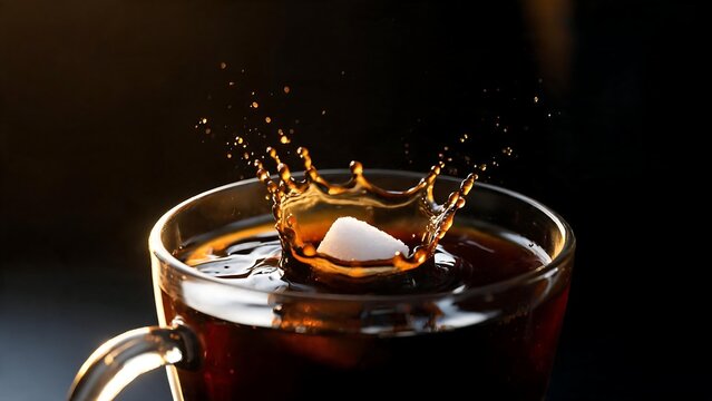 A white sugar cube falling and splashing into a glass cup of black coffee against a dark background