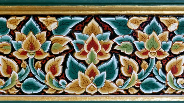 A vibrant ornamental frieze featuring stylized floral motifs with layered petals and leaves in rich colors against a dark background