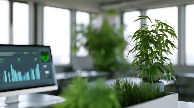 Modern office interior with potted green plants and digital display showing data charts under bright window light