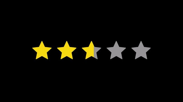 Five star rating with gray stars filling yellow from left to right on black background, flat gold 5 star review overlay
