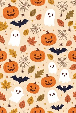 Cute Halloween Seamless Pattern with Pumpkins, Ghosts, Bats, Autumn Leaves and Spooky Elements