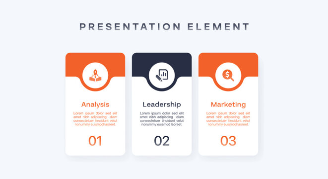 Vector Infographic design with 3 options or steps for presentation element. Minimalistic vector template with icons, frame, text card, and numbers.