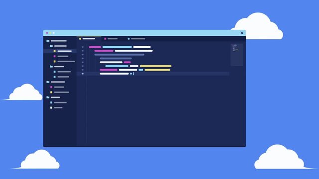 Code editor typing colorful code with terminal running command to check mark on blue sky with clouds, flat programming animation