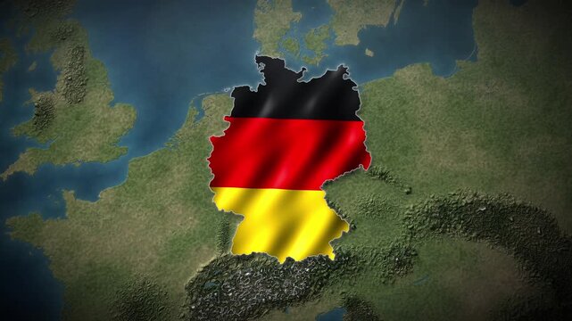 Germany flag waving inside country map on satellite terrain map of Europe, black red gold national flag map of Germany