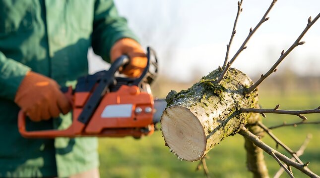 Close-up of a gardener in green jacket and orange gloves operating a chainsaw on a cut tree branch in a sunny outdoor setting.