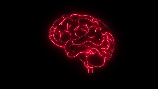 Glowing human brain icon rendered in neon red lines representing intelligence, memory, and cognitive cerebrum function on black background