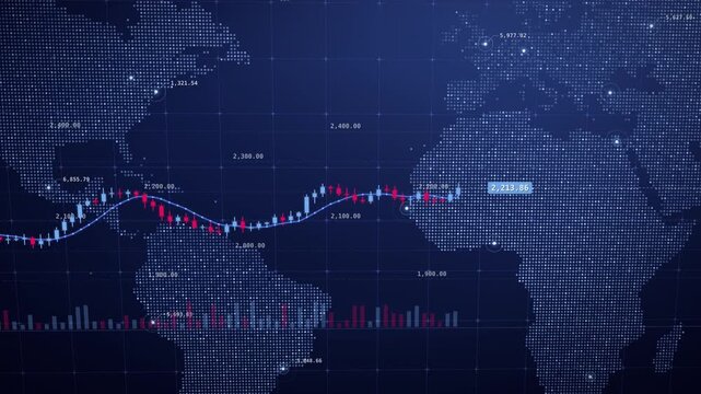 Global stock market candlestick chart rising across dotted world map with price labels and volume bars, financial data on blue
