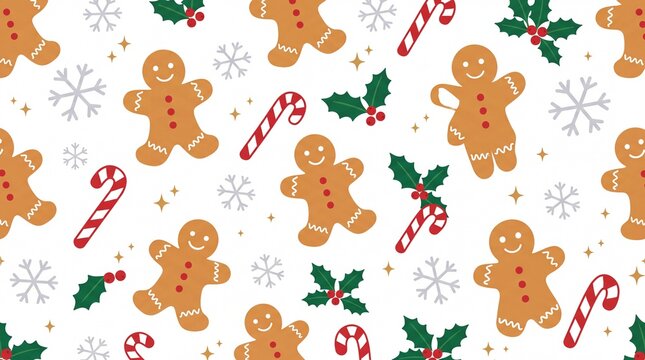 Cute Christmas Gingerbread Seamless Pattern with Candy Canes, Holly and Festive Holiday Elements