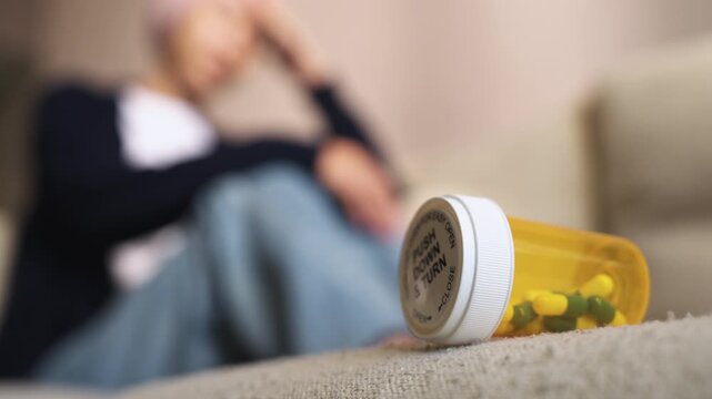 Close-up of a medicine bottle with a stressed Asian female cancer patient sitting behind. Chemotherapy side effects, depression, and healthcare concept.