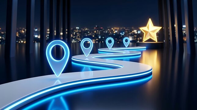 Futuristic glowing blue path with location pins leads to golden star award signifying achievement and success on dark city background, digital art illustration.