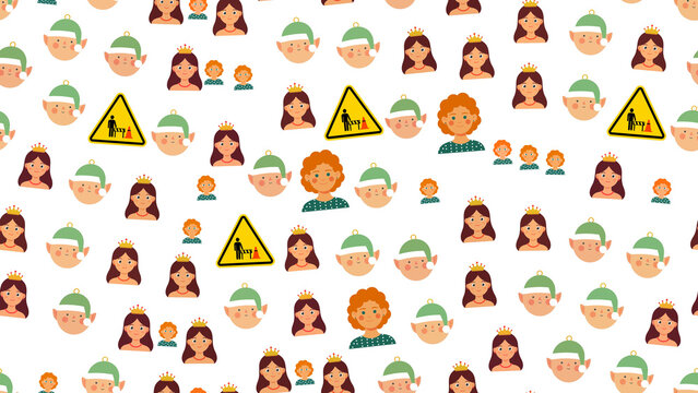 Seamless pattern of cartoon princesses, elves, children, and warning