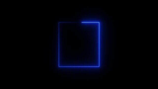 Glowing blue square frame outlined with luminous neon light, creating a geometric rectangular border for copy space on a dark black background..