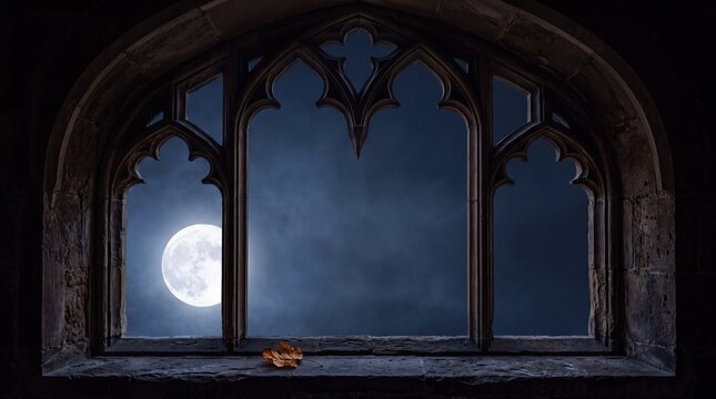 Full moon viewed through a gothic stone window with a single autumn