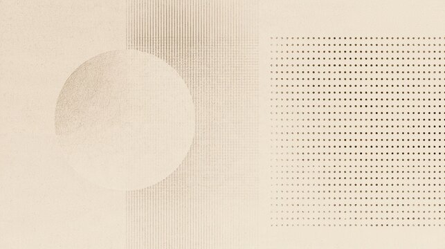 A minimalist abstract composition with a pale circle, fine line work, and an orderly grid of small dots on a neutral beige background