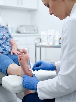 Professional podiatrist in blue protective gloves treats diabetic ulcer wound on mature patient foot using sterile cotton swab in modern bright clinic.