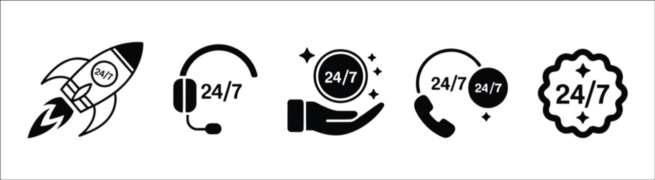 24 7 service icon set, 24-hour open support concept with call phone symbols, customer assistance, and nonstop service communication illustration