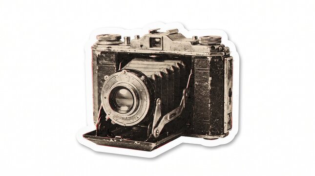 Retro halftone collage vintage folding camera with bellows and lens, die-cut sticker style illustration