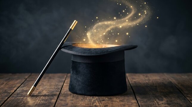 Black top hat with magic wand creating sparkling golden stars and light wisps for illusion performance.