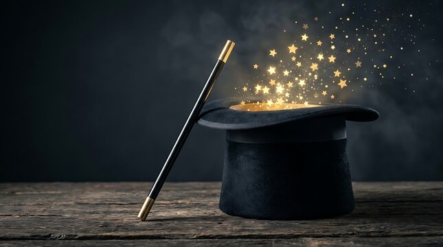 Classic black top hat on rustic wooden table reveals magical sparkling golden stars rising to represent wonder mystery illusion and theatrical performance art.