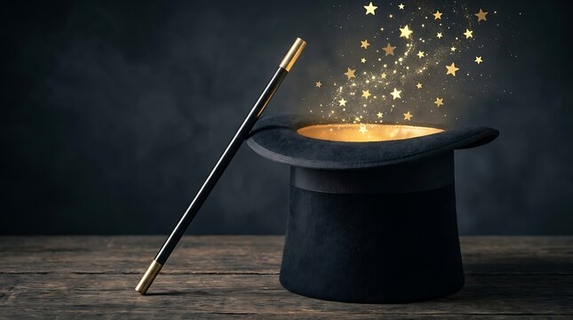 Black top hat with magic wand creating sparkling golden stars and light wisps for illusion performance.