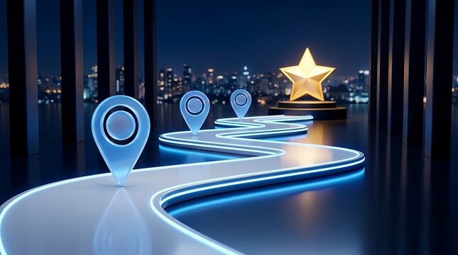 Futuristic glowing pathway with location pins leading to golden star award in modern cityscape at night symbolizing success and journey.