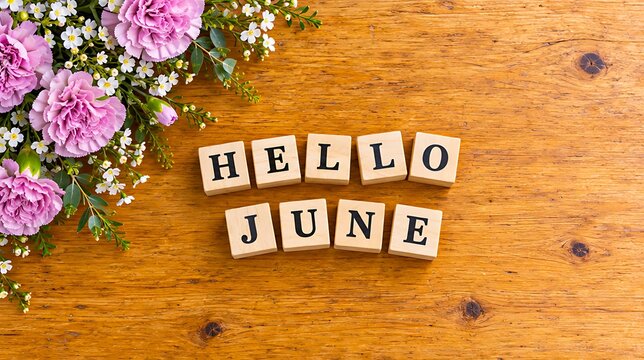 Hello june message with flowers and wooden letter blocks on a rustic table