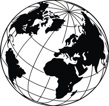 Black and white globe world map with grid lines