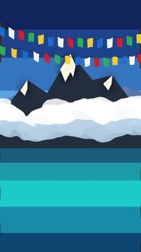 Pixel art mountain animation with prayer flags and clouds loop footage