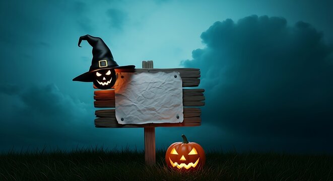 A spooky Halloween scene featuring a jack-o'-lantern wearing a witch hat and a blank wooden sign under a dark, cloudy sky, with another jack-o'-lantern on the ground