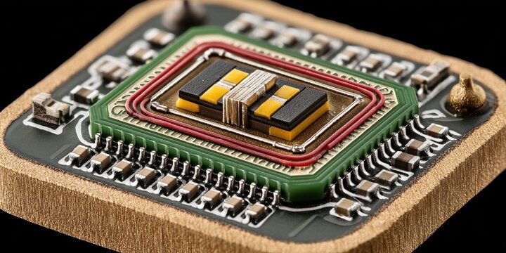 Quantum physics a closeup of an intricate quantum computer chip in a high-tech environment