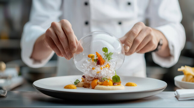 Chef molecular gastronomy smoked dome fine dining creative modern restaurant elegant cuisine artistic plating gourmet dish